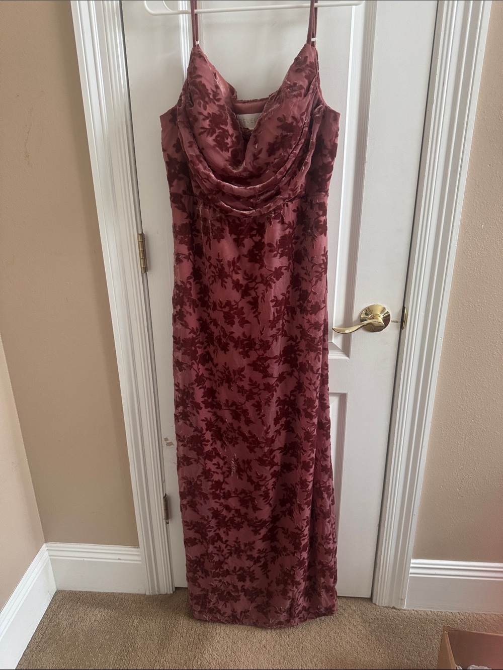 Revelry Dusty Rose Velvet Burnout Cowl Neck Prom Dress